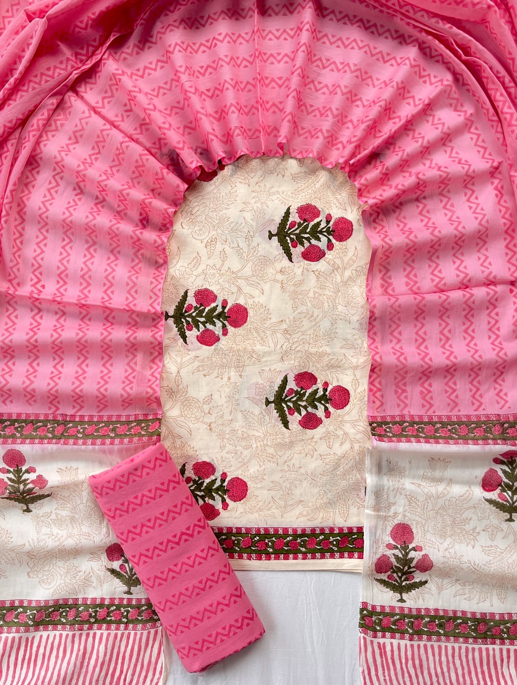 Pure Soft Cotton Hand Block Printed Suit Set With Cotton Dupatta