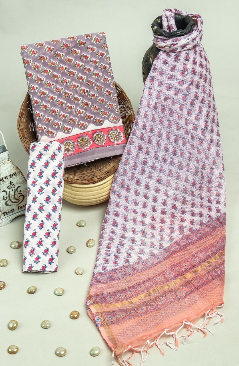 Pure Cotton Hand Block Printed Suit Set With Kota Doria Dupatta