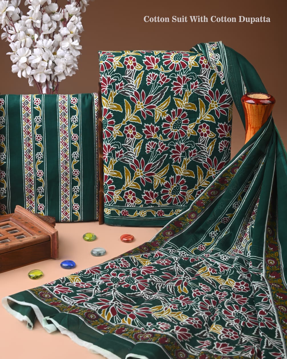 Designer Hand Block Printed Cotton Suit Set With Cotton Dupatta