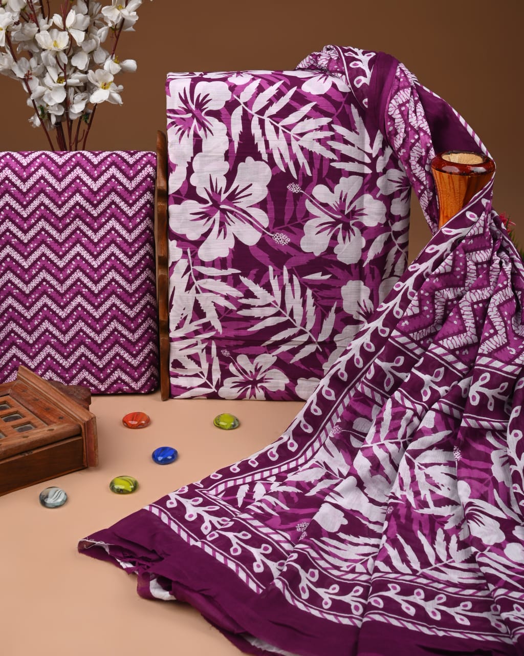 Designer Hand Block Printed Cotton Suit Set With Cotton Dupatta