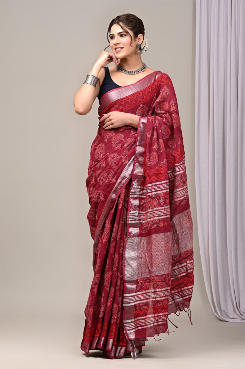 Pure Cotton Linen Handblock Printed Saree With Blouse