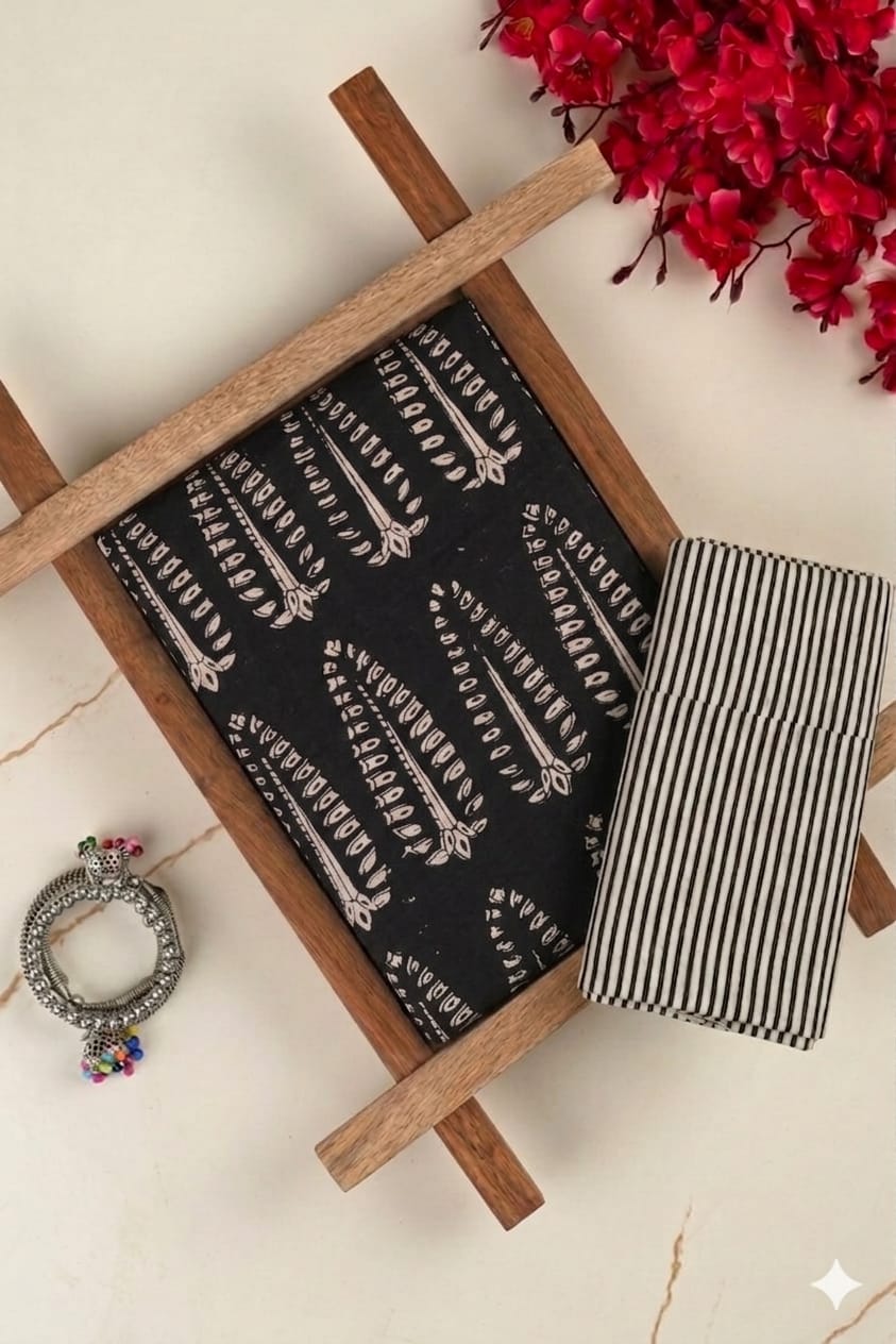 Pure Soft Cotton Handblock Printed 2PC Top-Bottom Suit Set (2.50 Meter Each)