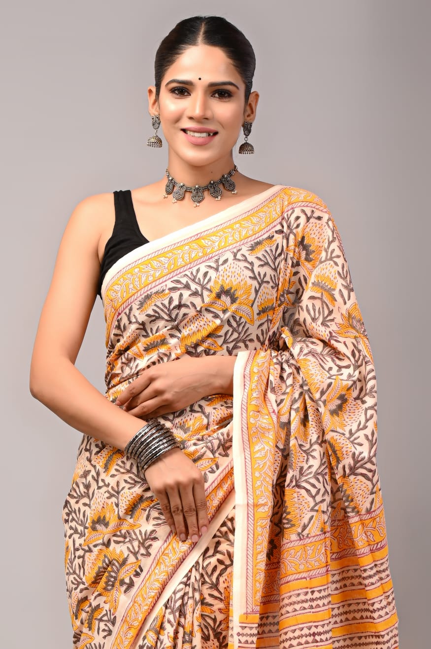 Pure Soft Cotton Handblock Printed Saree With Blouse