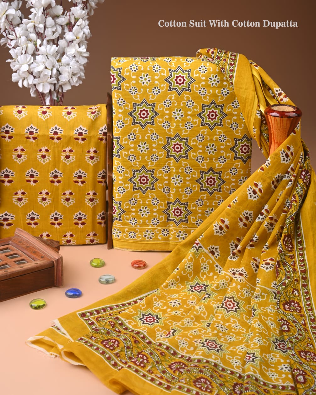 Designer Hand Block Printed Cotton Suit Set With Cotton Dupatta