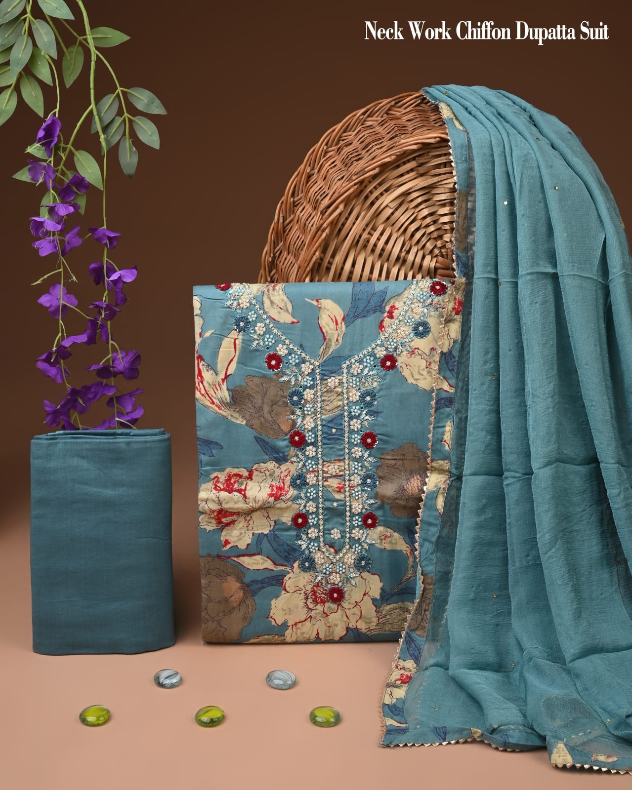Premium Gota Patti Work Cotton Suit Set With Chiffon Dupatta