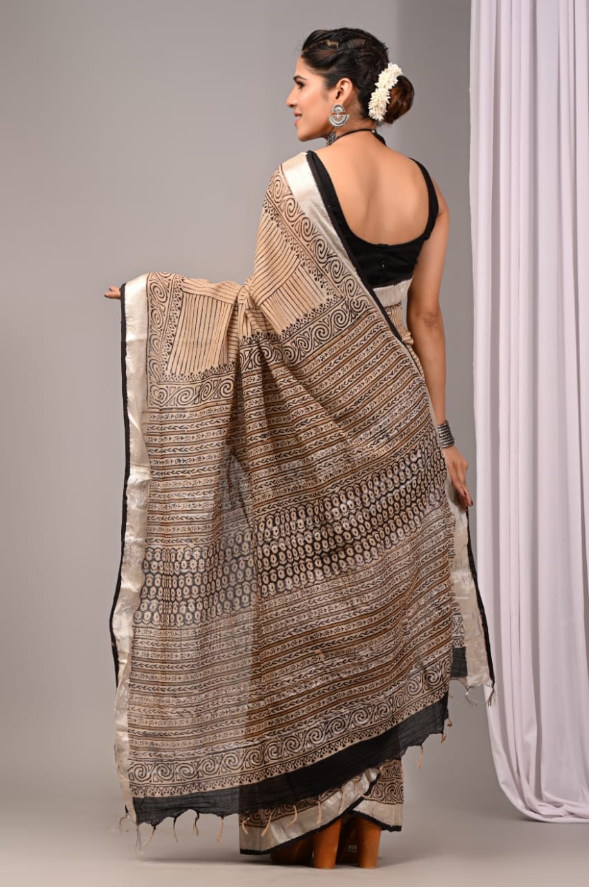 Pure Cotton Linen Handblock Printed Saree With Blouse