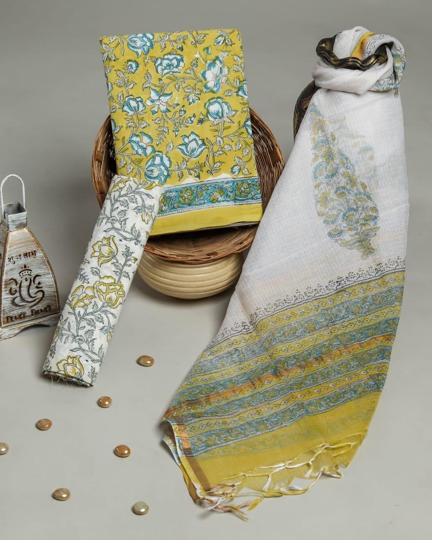 Pure Cotton Hand Block Printed Suit Set With Kota Doria Dupatta