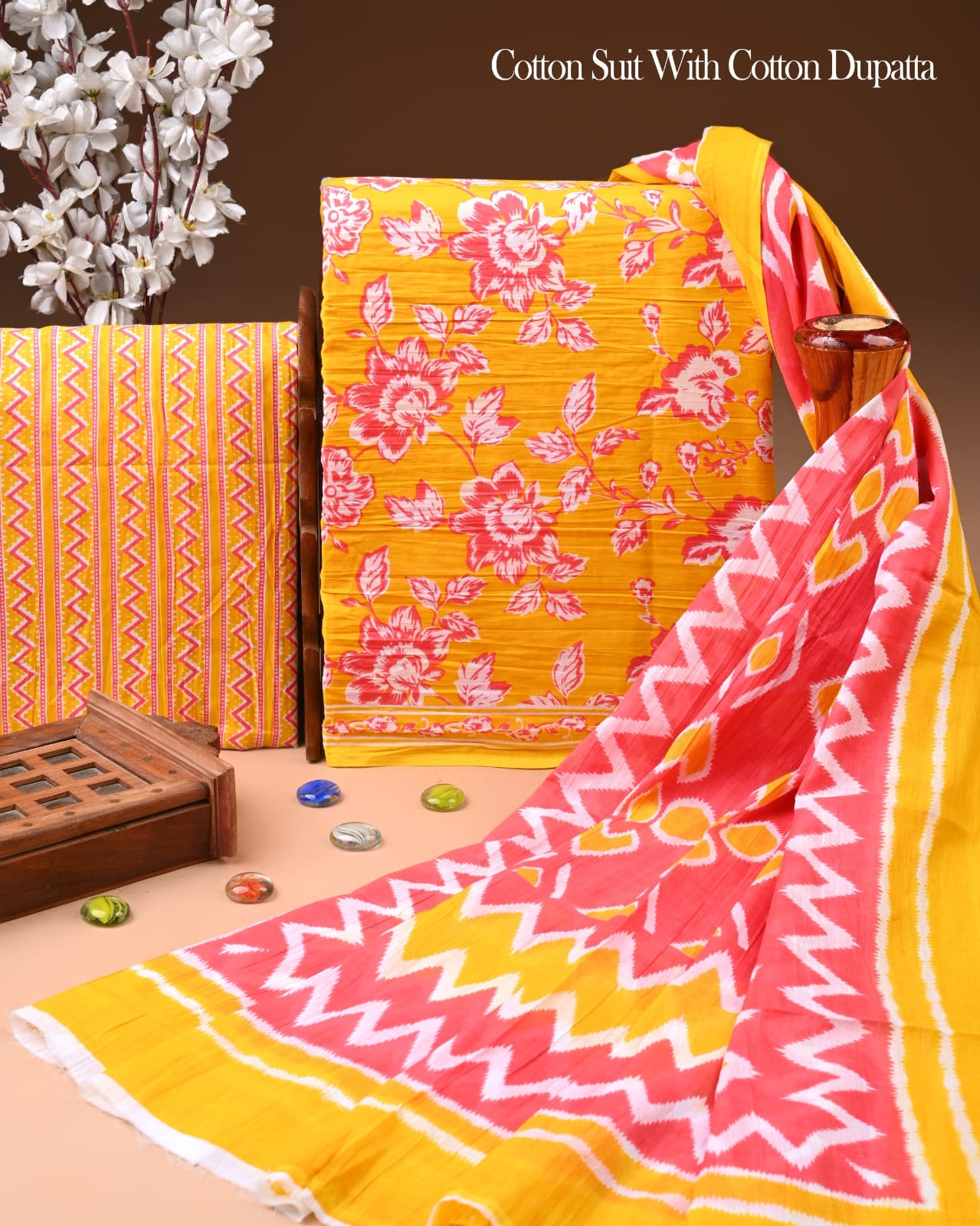 Designer Hand Block Printed Cotton Suit Set With Cotton Dupatta