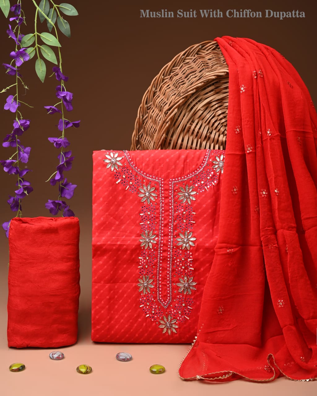 Premium Gota Patti Work Cotton Suit Set With Chiffon Dupatta
