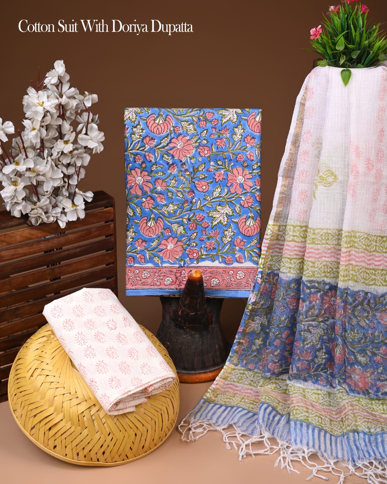 Pure Cotton Hand Block Printed Suit Set With Kota Doria Dupatta