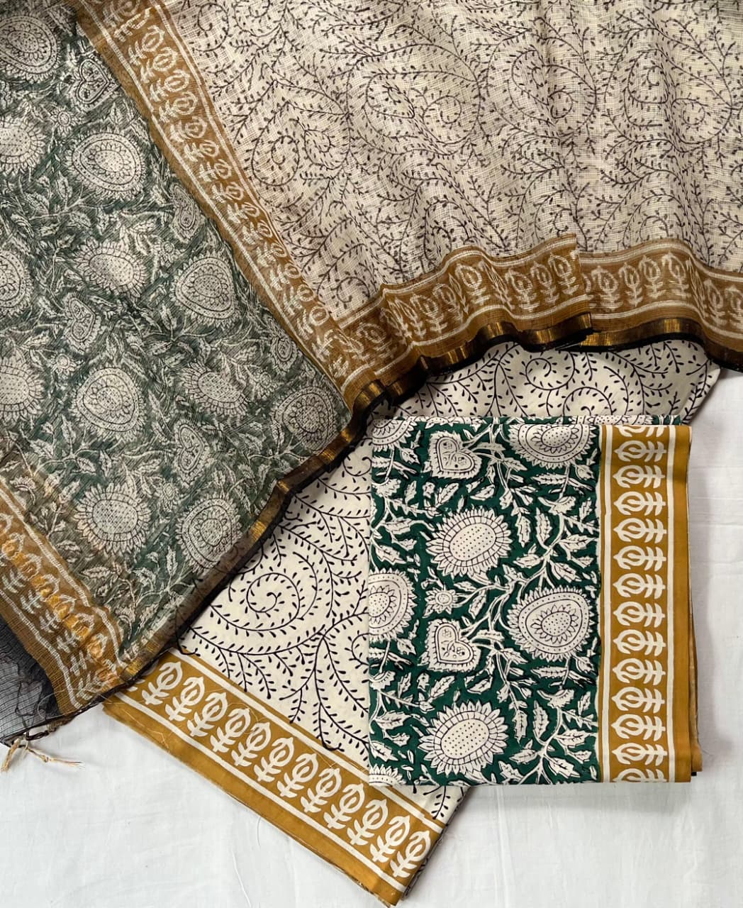 Pure Cotton Hand Block Printed Suit Set With Kota Doria Dupatta
