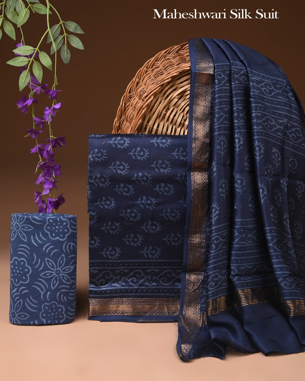 Premium Designer Handblock Printed Maheshwari Silk Suit Set