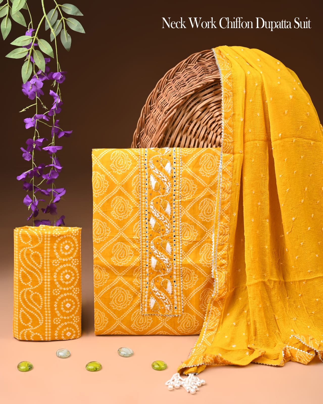 Premium Gota Patti Work Cotton Suit Set With Chiffon Dupatta