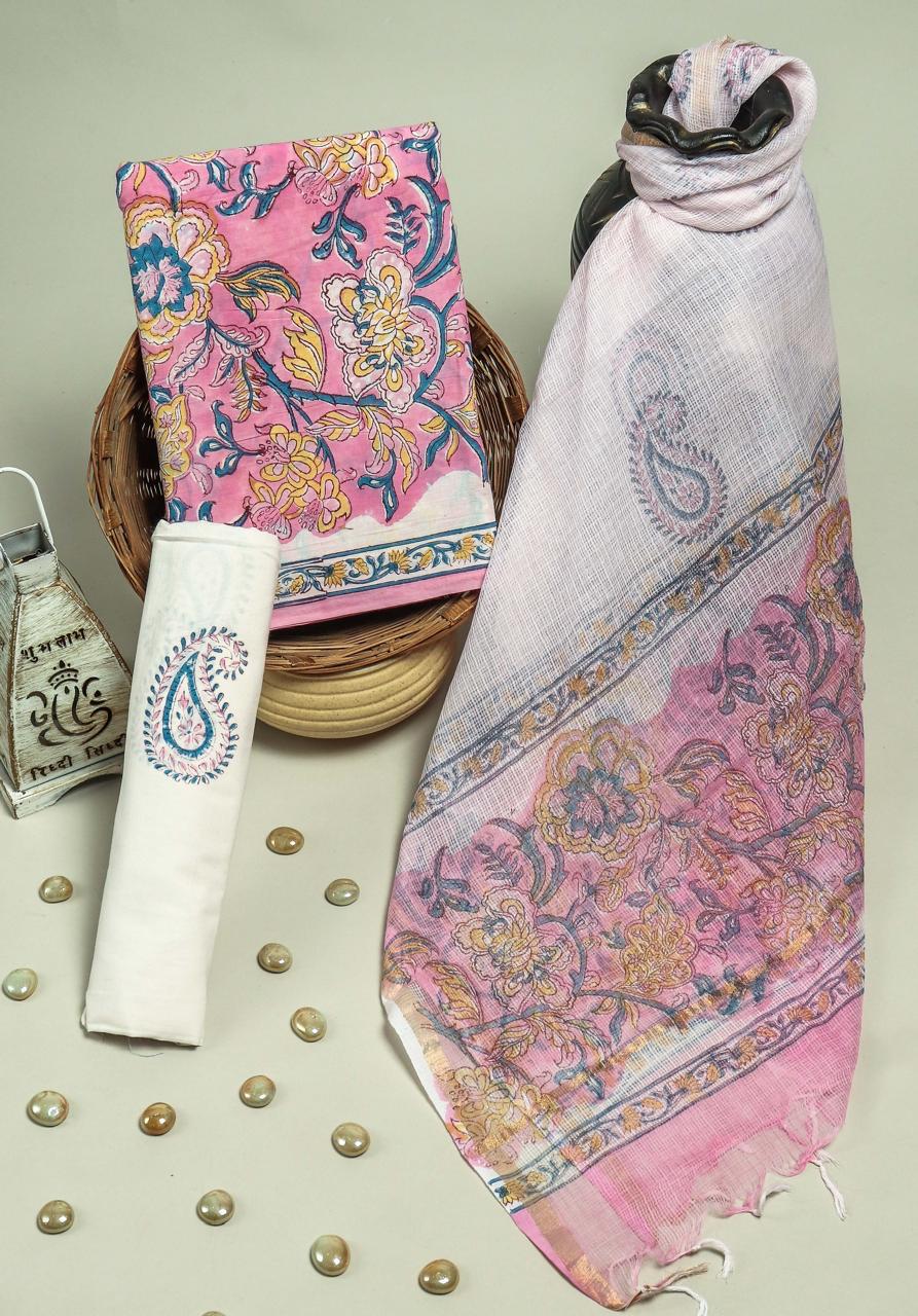 Pure Cotton Hand Block Printed Suit Set With Kota Doria Dupatta
