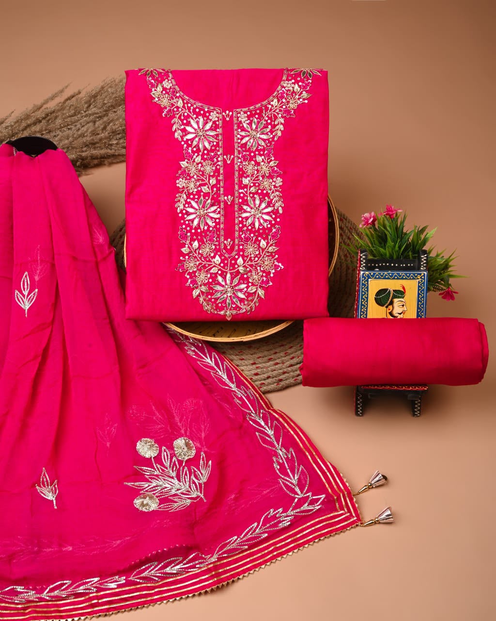 Premium Heavy Neck Work Dola Silk Suit Set