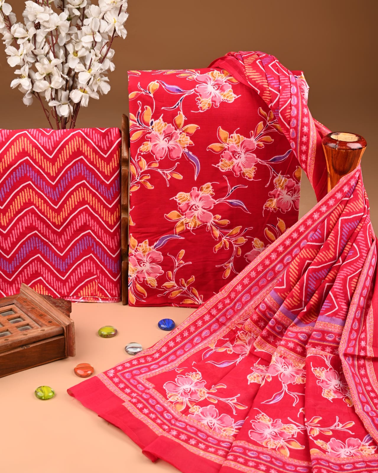 Designer Hand Block Printed Cotton Suit Set With Cotton Dupatta