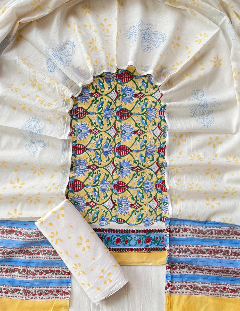 Pure Soft Cotton Hand Block Printed Suit Set With Cotton Dupatta