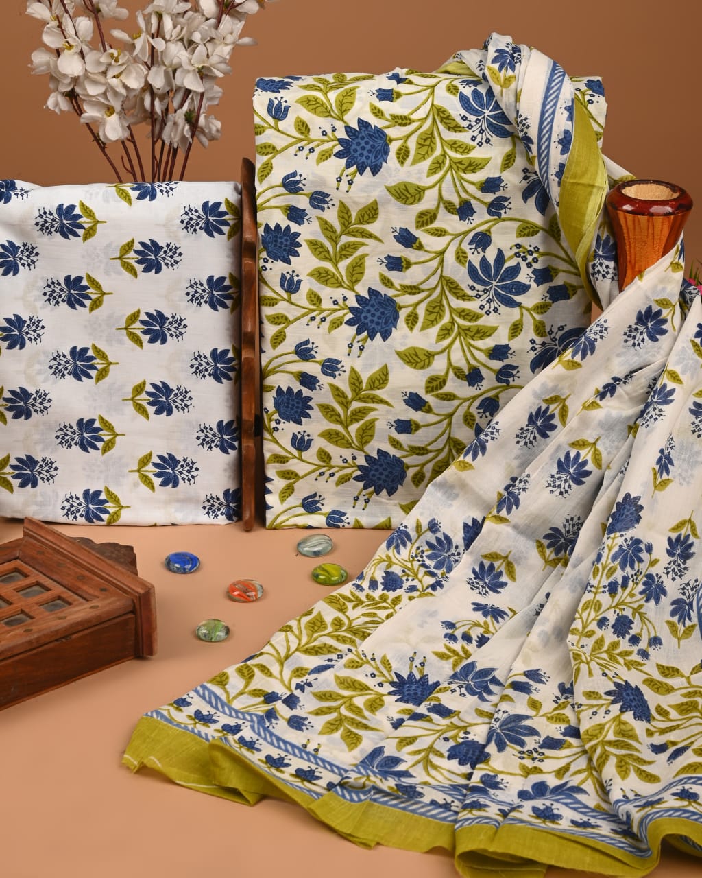 Designer Hand Block Printed Cotton Suit Set With Cotton Dupatta