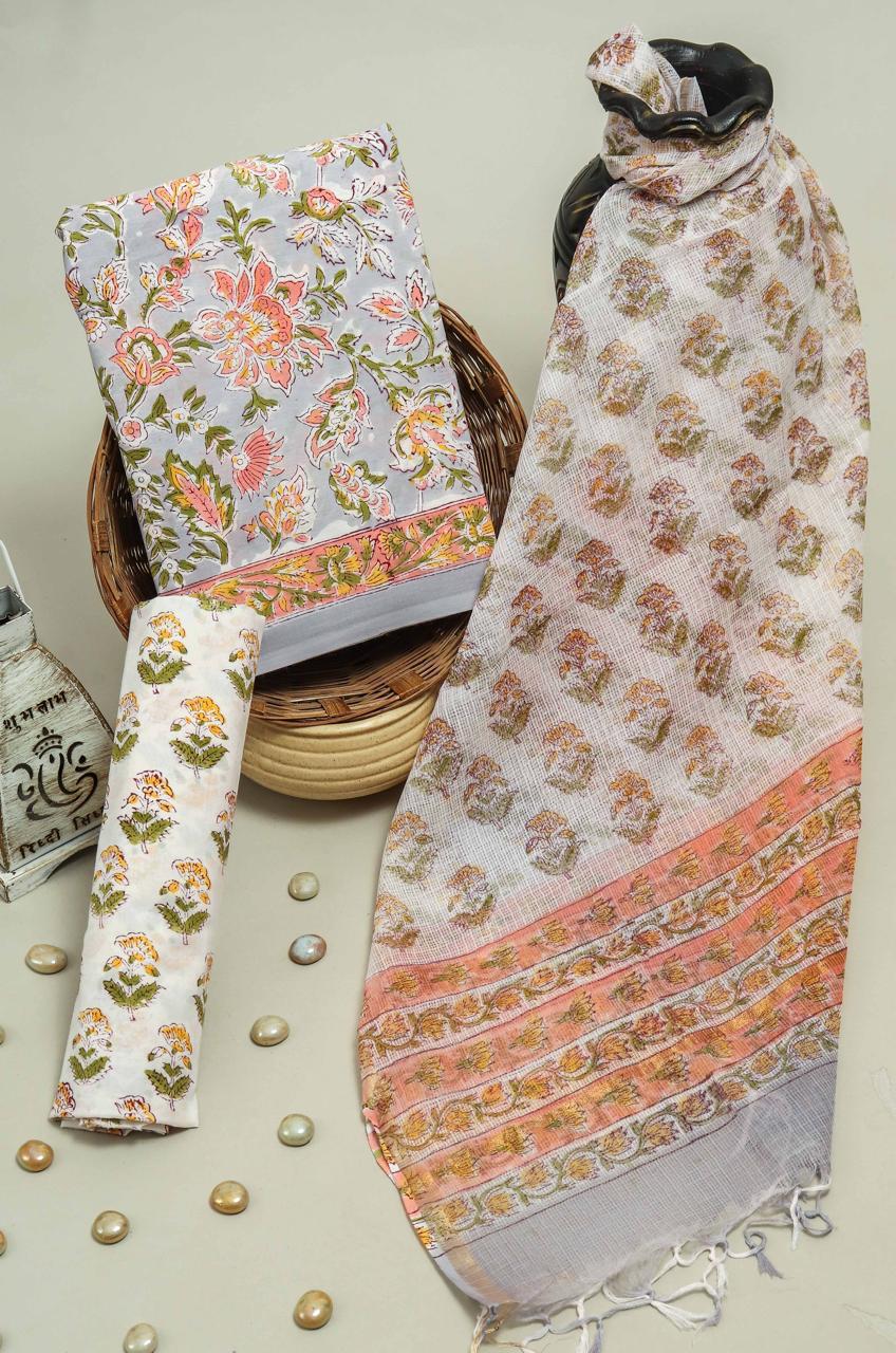 Pure Cotton Hand Block Printed Suit Set With Kota Doria Dupatta
