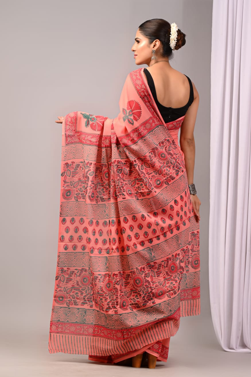 Pure Soft Cotton Handblock Printed Saree With Blouse