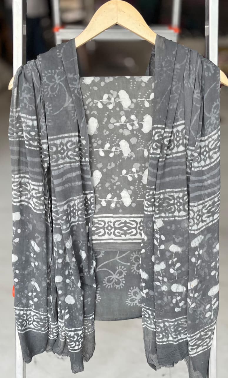 Pure Cotton Hand Block Printed Suit Set With Chiffon Dupatta