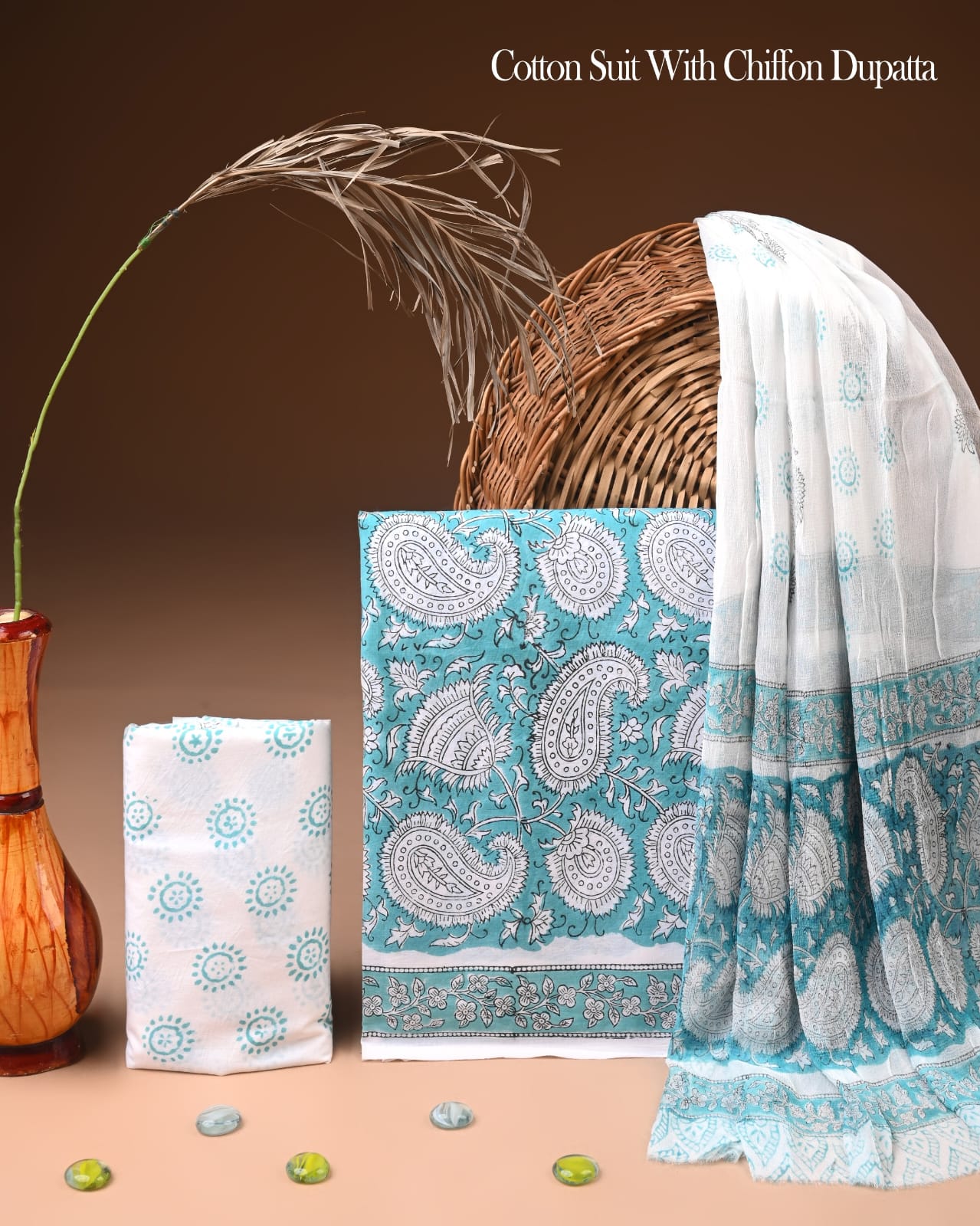 Pure Cotton Hand Block Printed Suit Set With Chiffon Dupatta