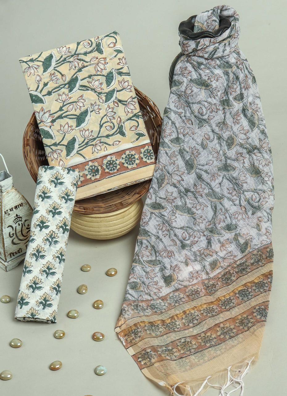 Pure Cotton Hand Block Printed Suit Set With Kota Doria Dupatta