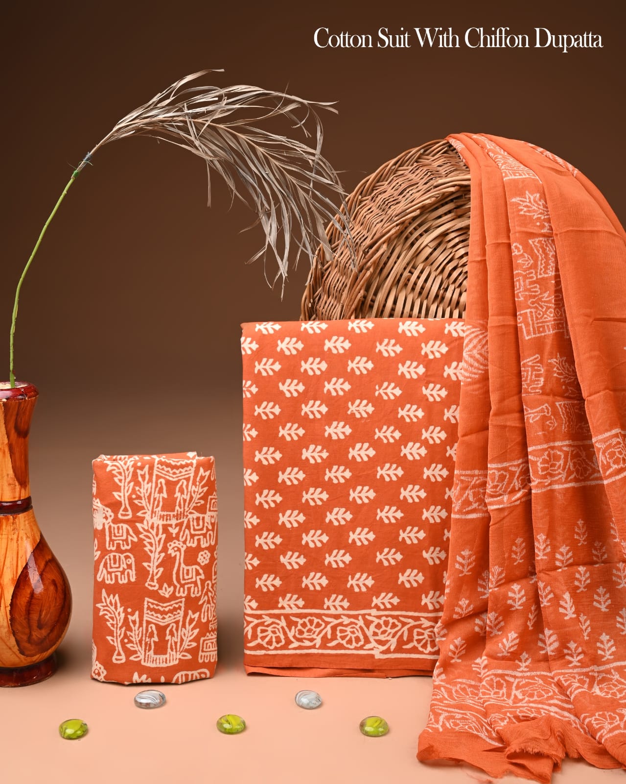 Pure Cotton Hand Block Printed Suit Set With Chiffon Dupatta