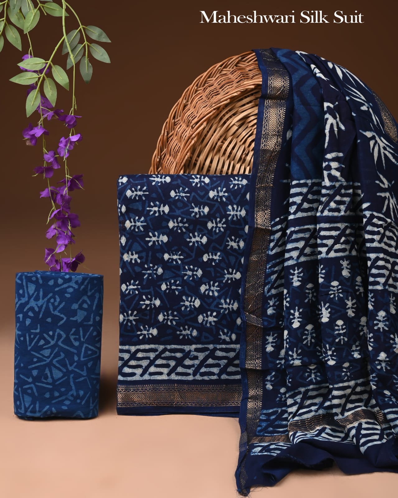 Premium Designer Handblock Printed Maheshwari Silk Suit Set