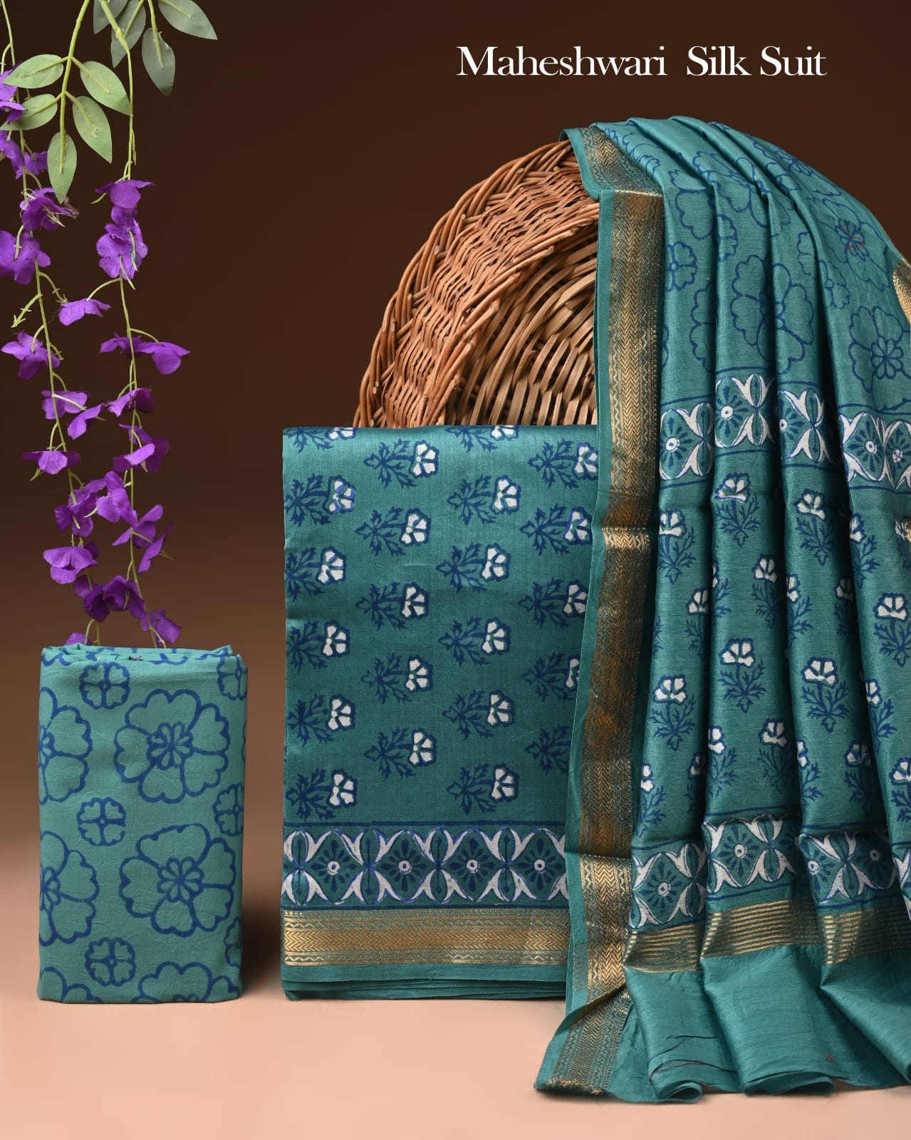 Premium Designer Handblock Printed Maheshwari Silk Suit Set