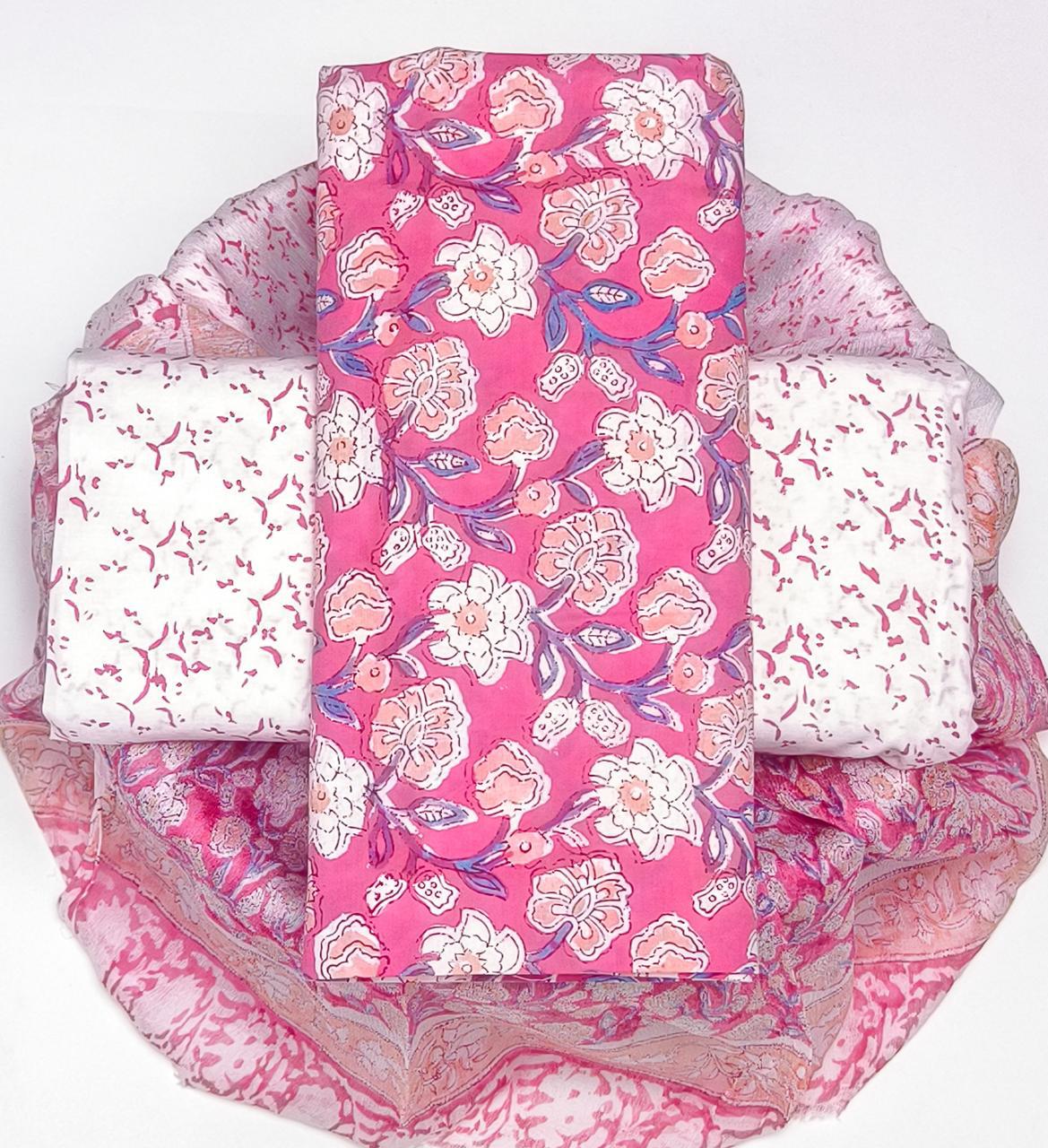 Pure Cotton Hand Block Printed Suit Set With Chiffon Dupatta