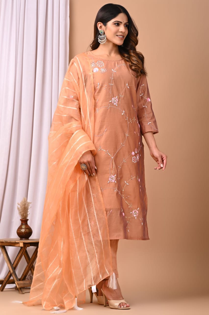 Elegant Coral Chanderi Silk Hand-Embroidered Suit Set with Dupatta