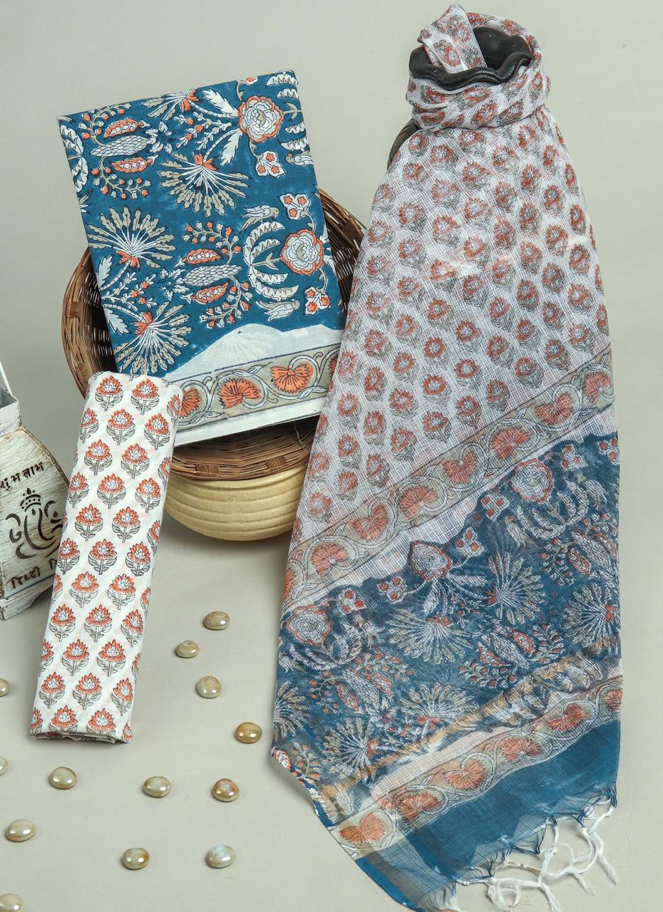 Pure Cotton Hand Block Printed Suit Set With Kota Doria Dupatta