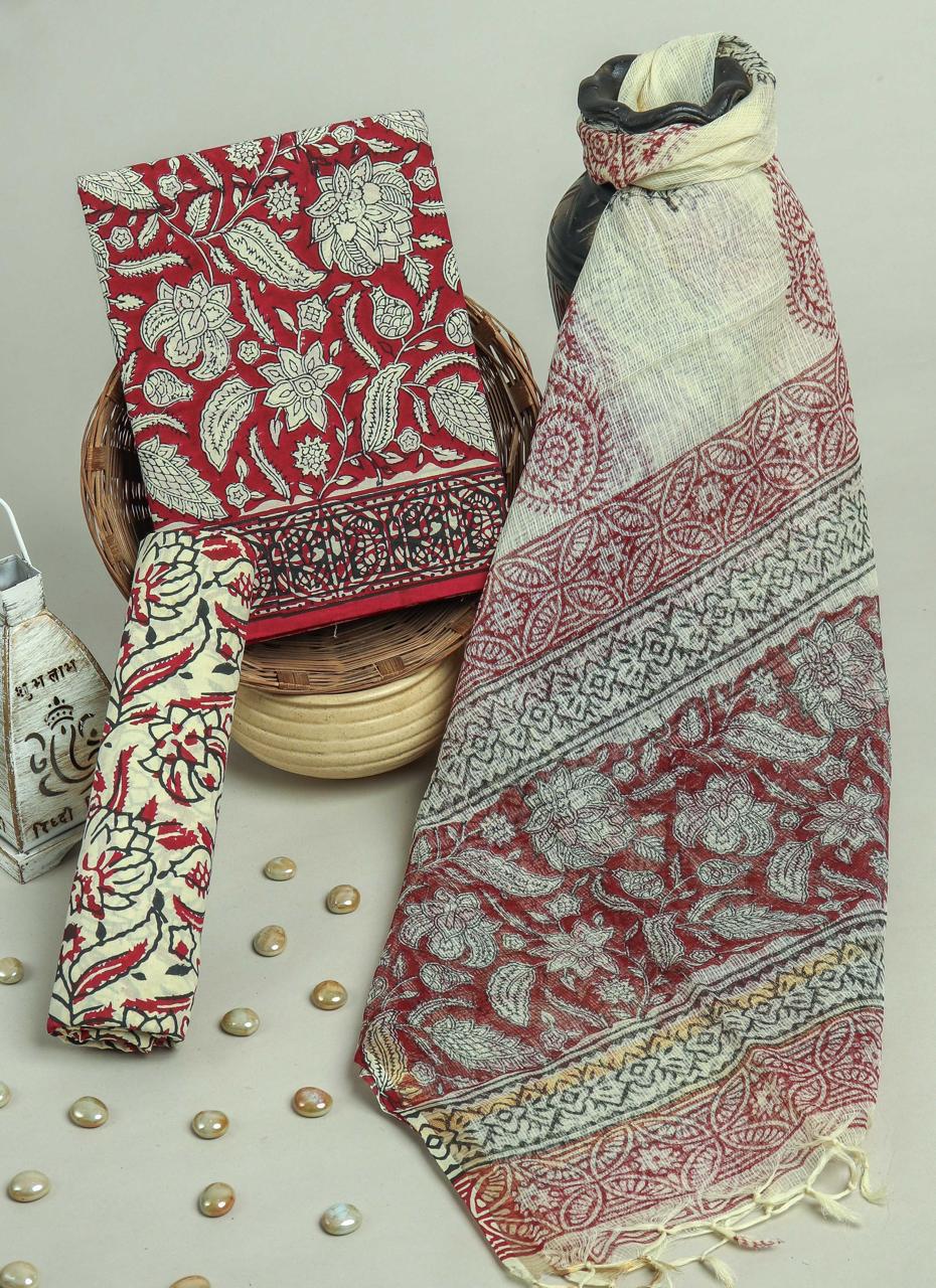 Pure Cotton Hand Block Printed Suit Set With Kota Doria Dupatta