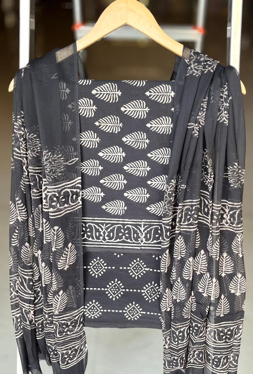 Pure Cotton Hand Block Printed Suit Set With Chiffon Dupatta