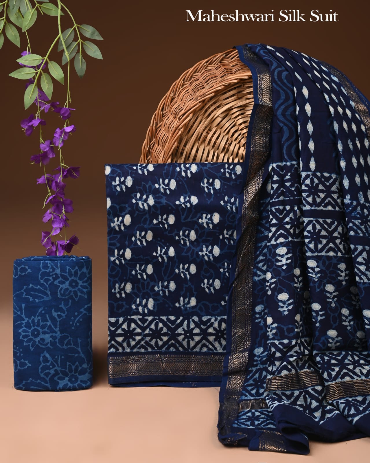 Premium Designer Handblock Printed Maheshwari Silk Suit Set