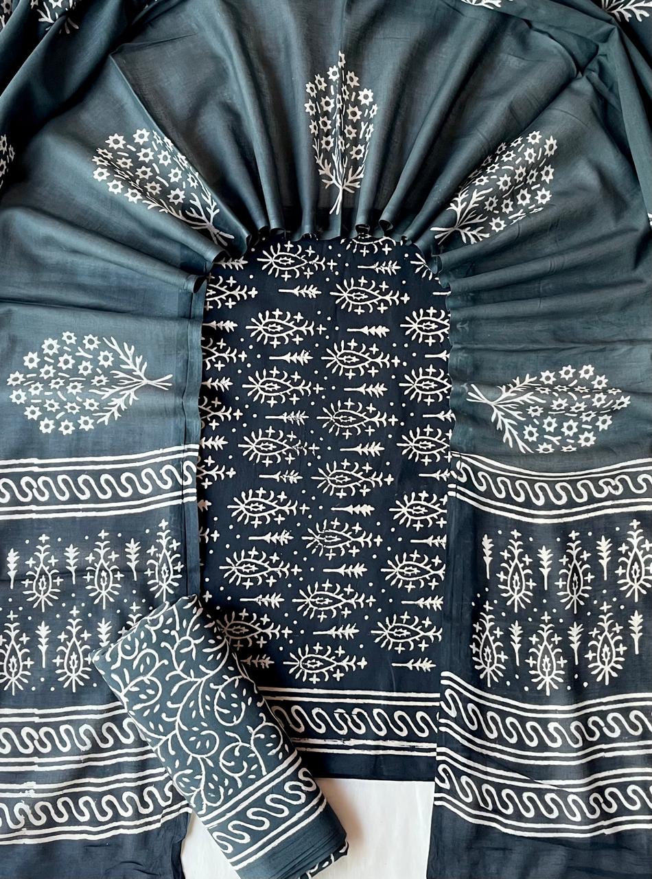 Pure Soft Cotton Hand Block Printed Suit Set With Cotton Dupatta