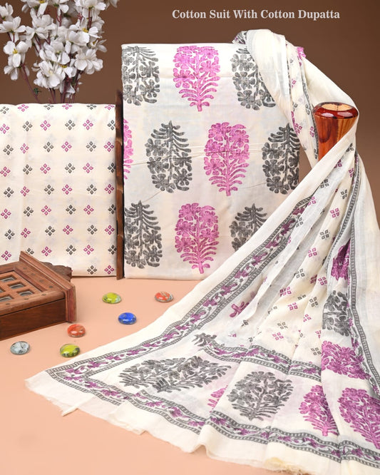 Designer Hand Block Printed Cotton Suit Set With Cotton Dupatta