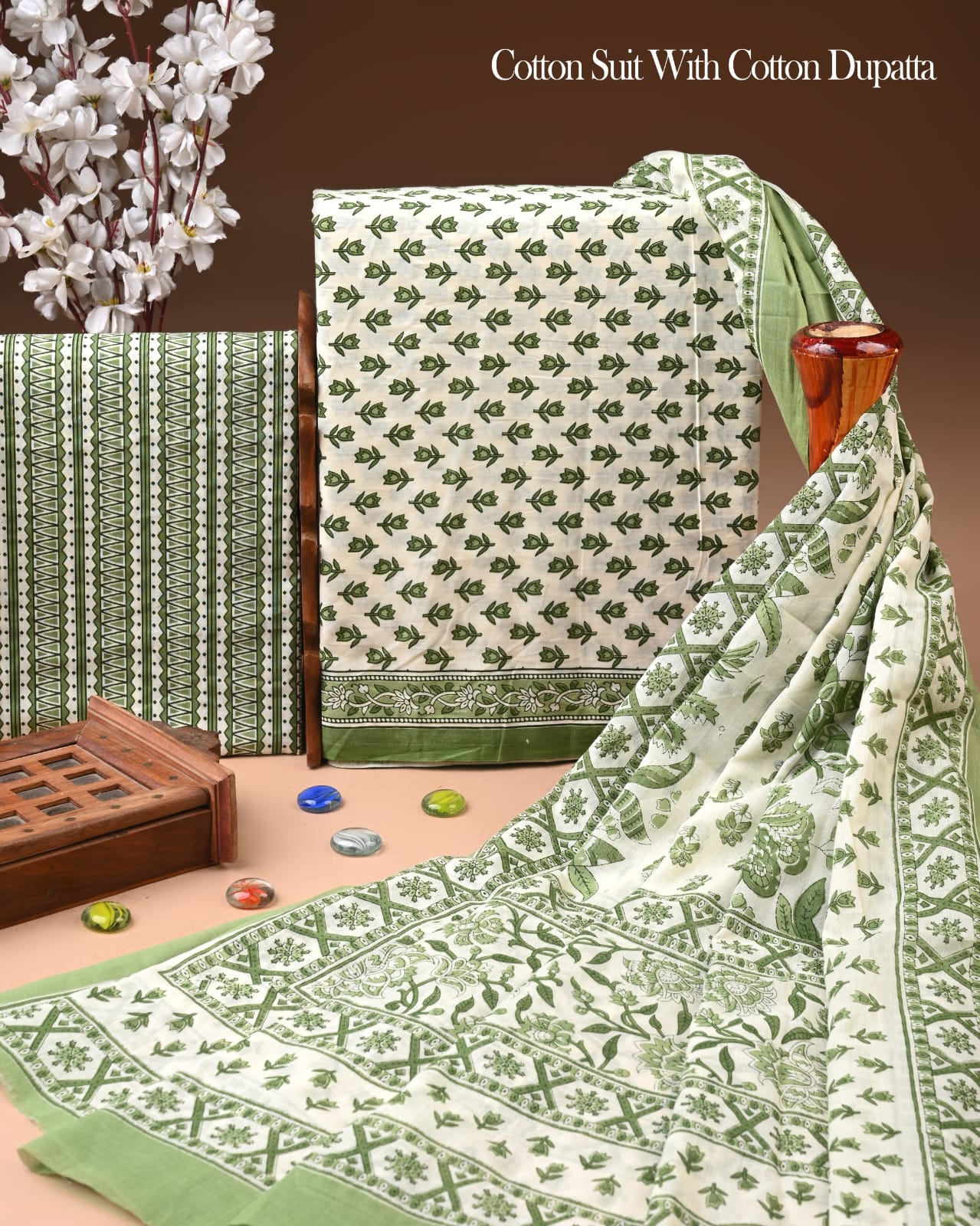 Designer Hand Block Printed Cotton Suit Set With Cotton Dupatta