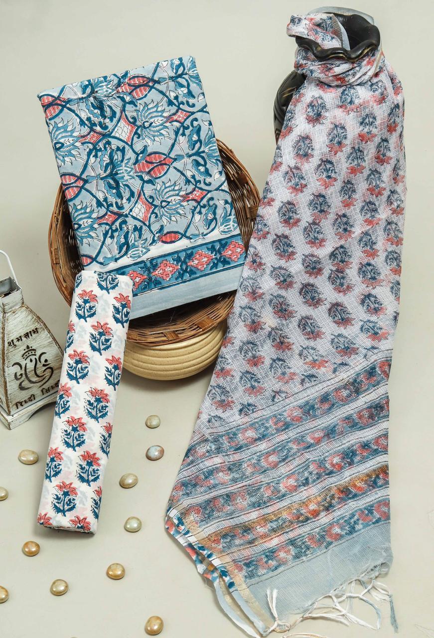 Pure Cotton Hand Block Printed Suit Set With Kota Doria Dupatta