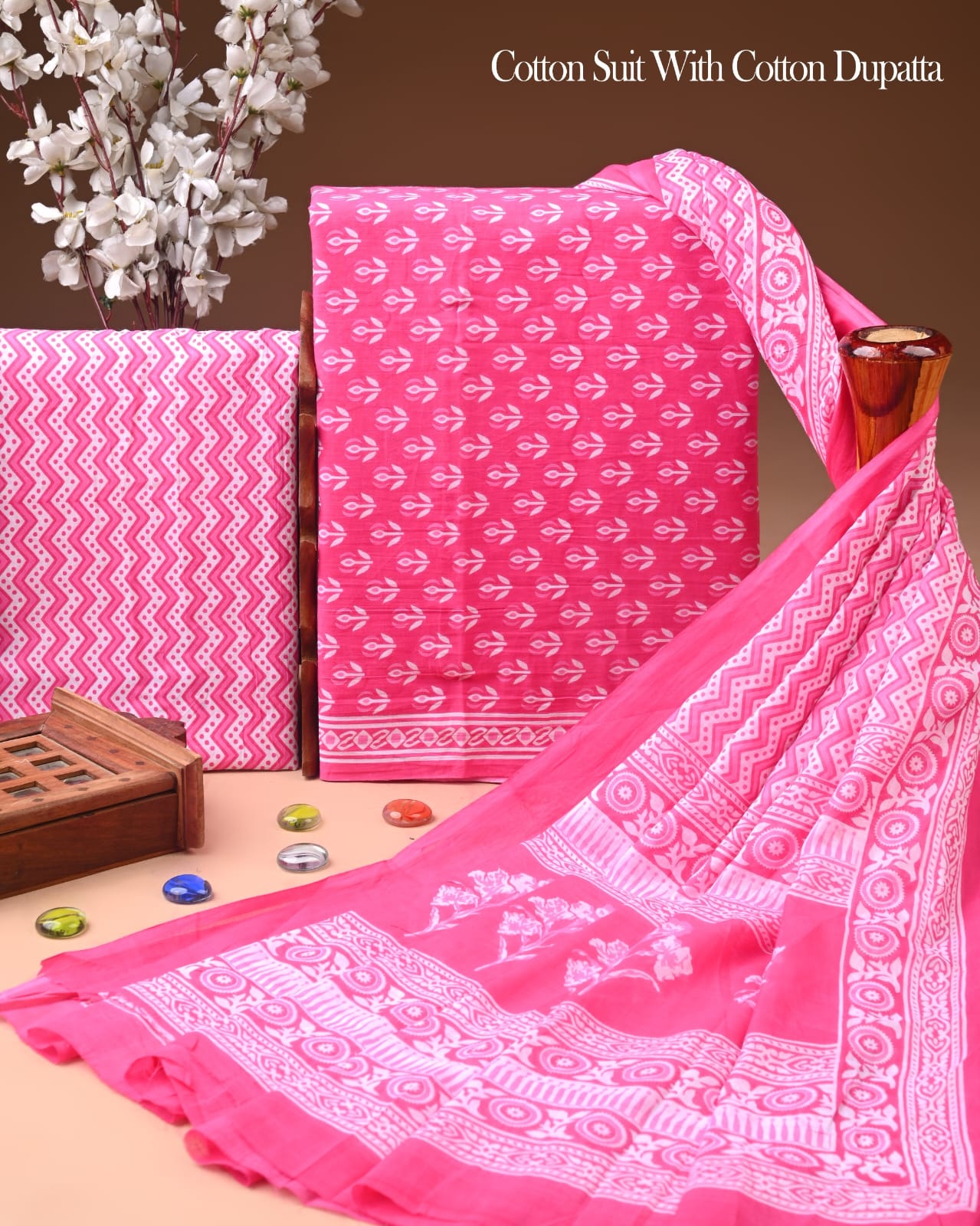 Pure Soft Cotton Hand Block Printed Suit Set With Cotton Dupatta