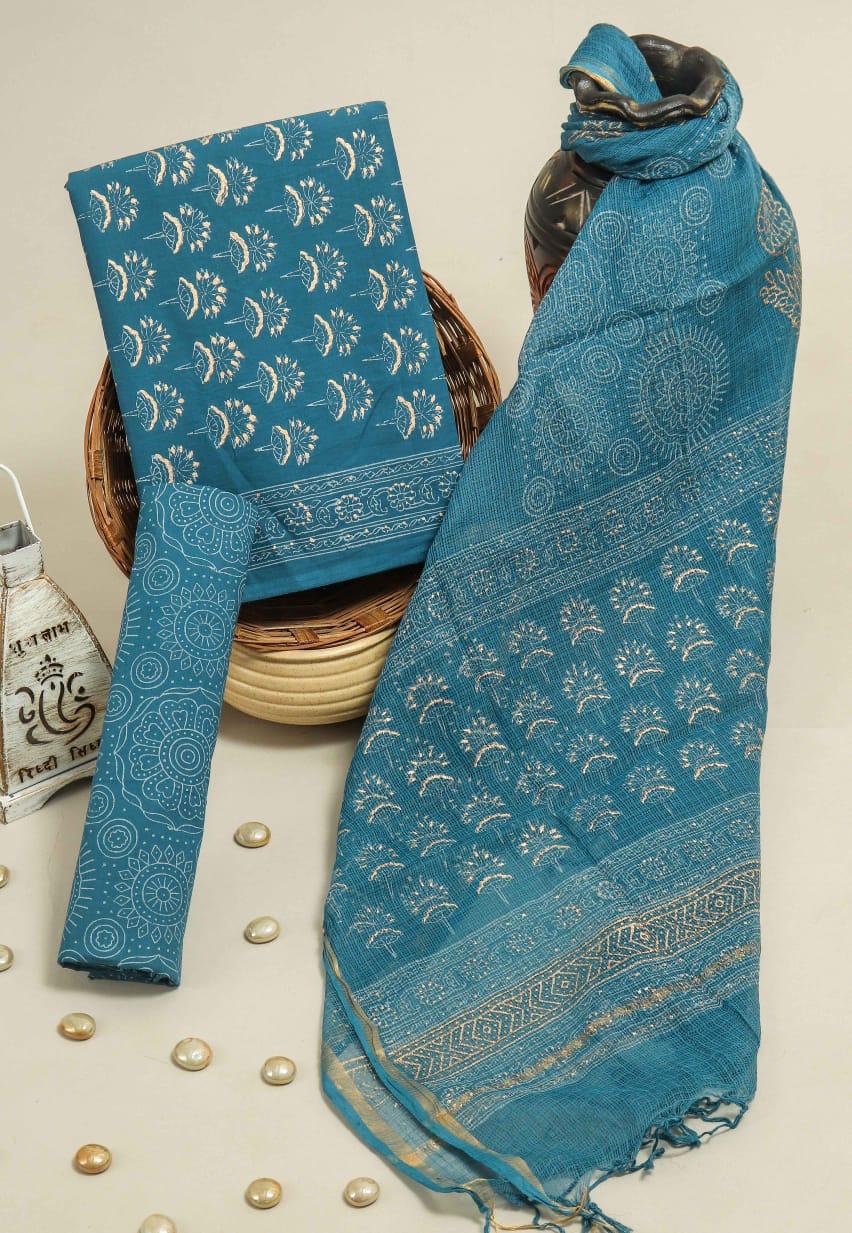 Pure Cotton Hand Block Printed Suit Set With Kota Doria Dupatta