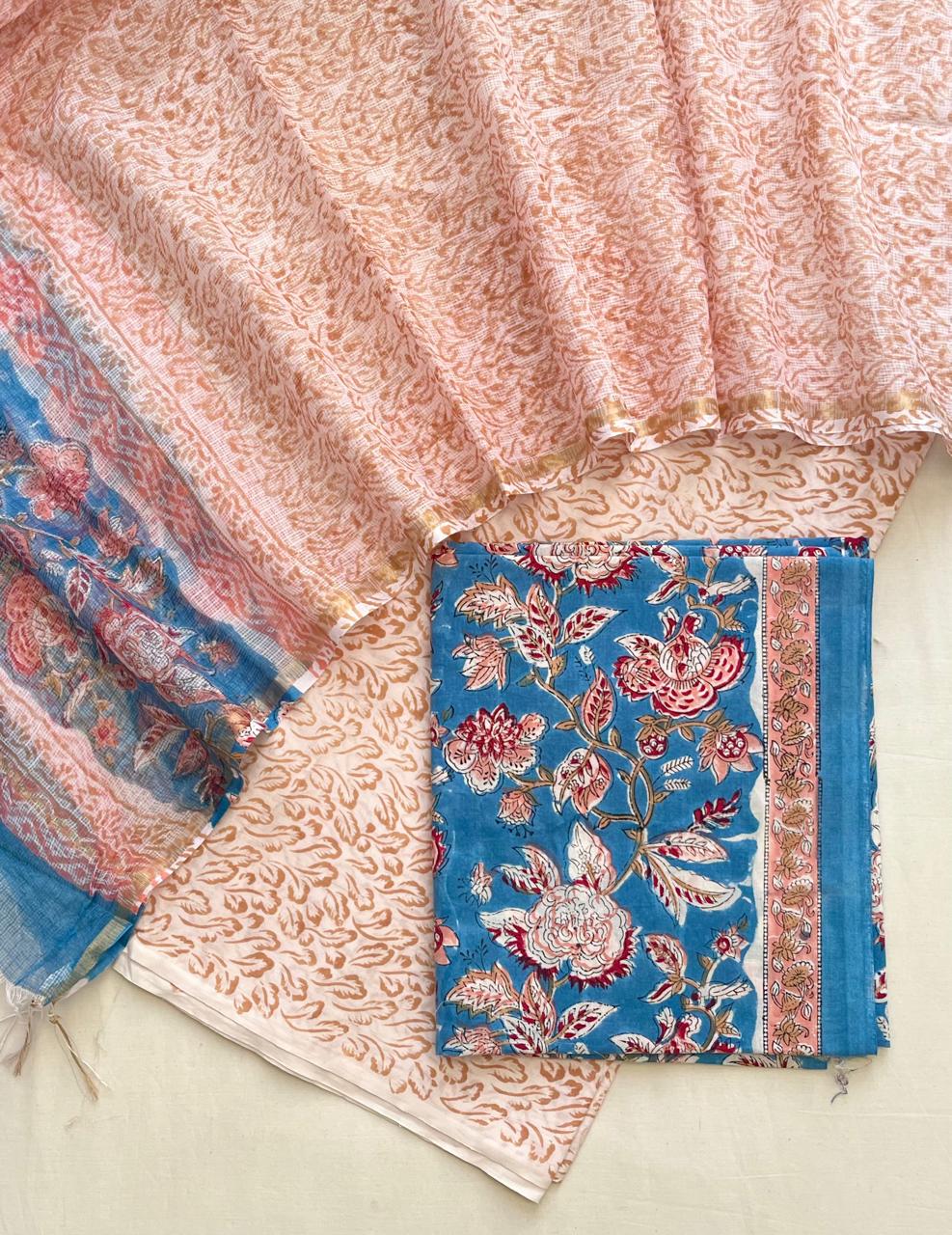 Pure Cotton Hand Block Printed Suit Set With Kota Doria Dupatta