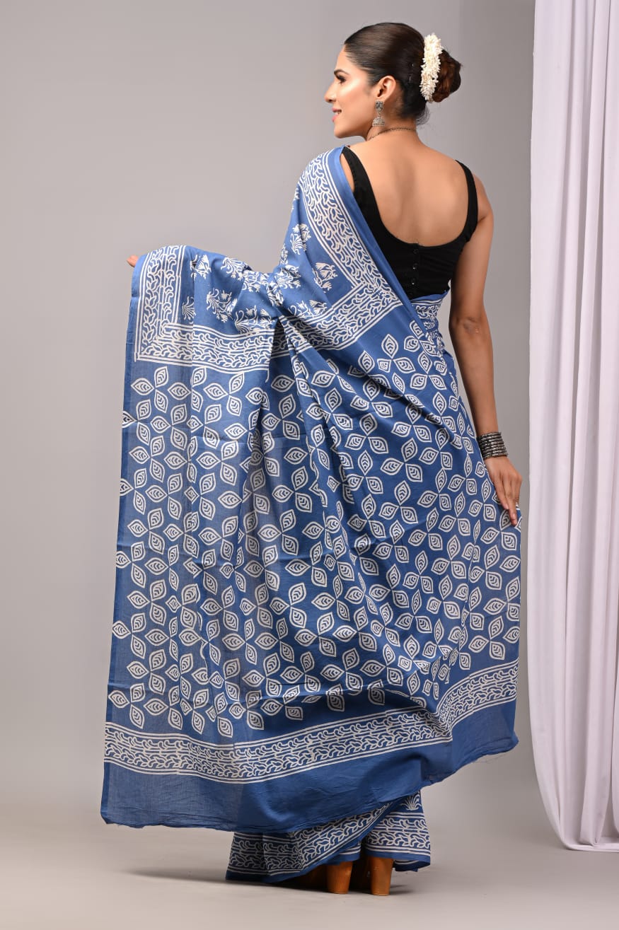 Pure Soft Cotton Handblock Printed Saree With Blouse