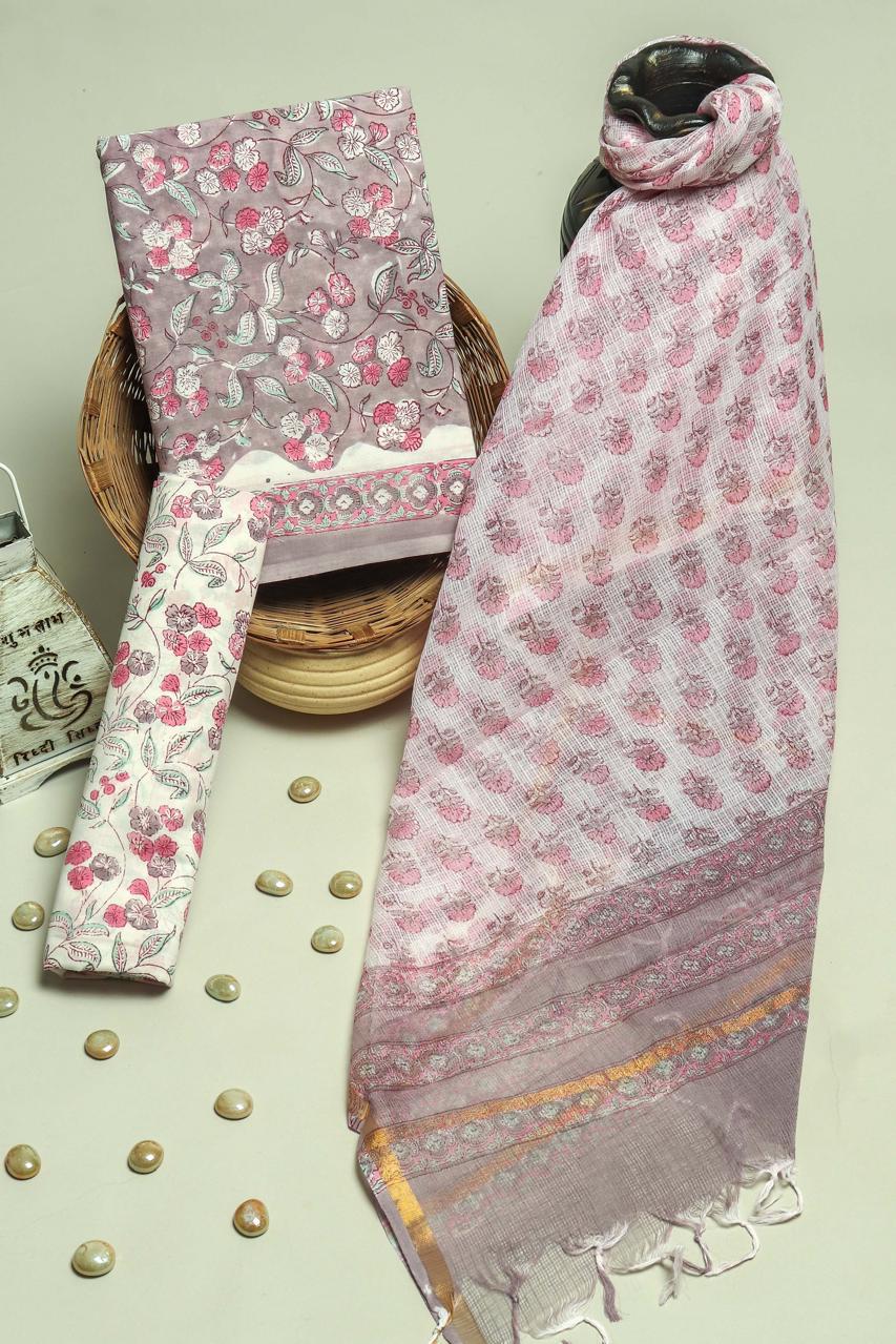 Pure Cotton Hand Block Printed Suit Set With Kota Doria Dupatta