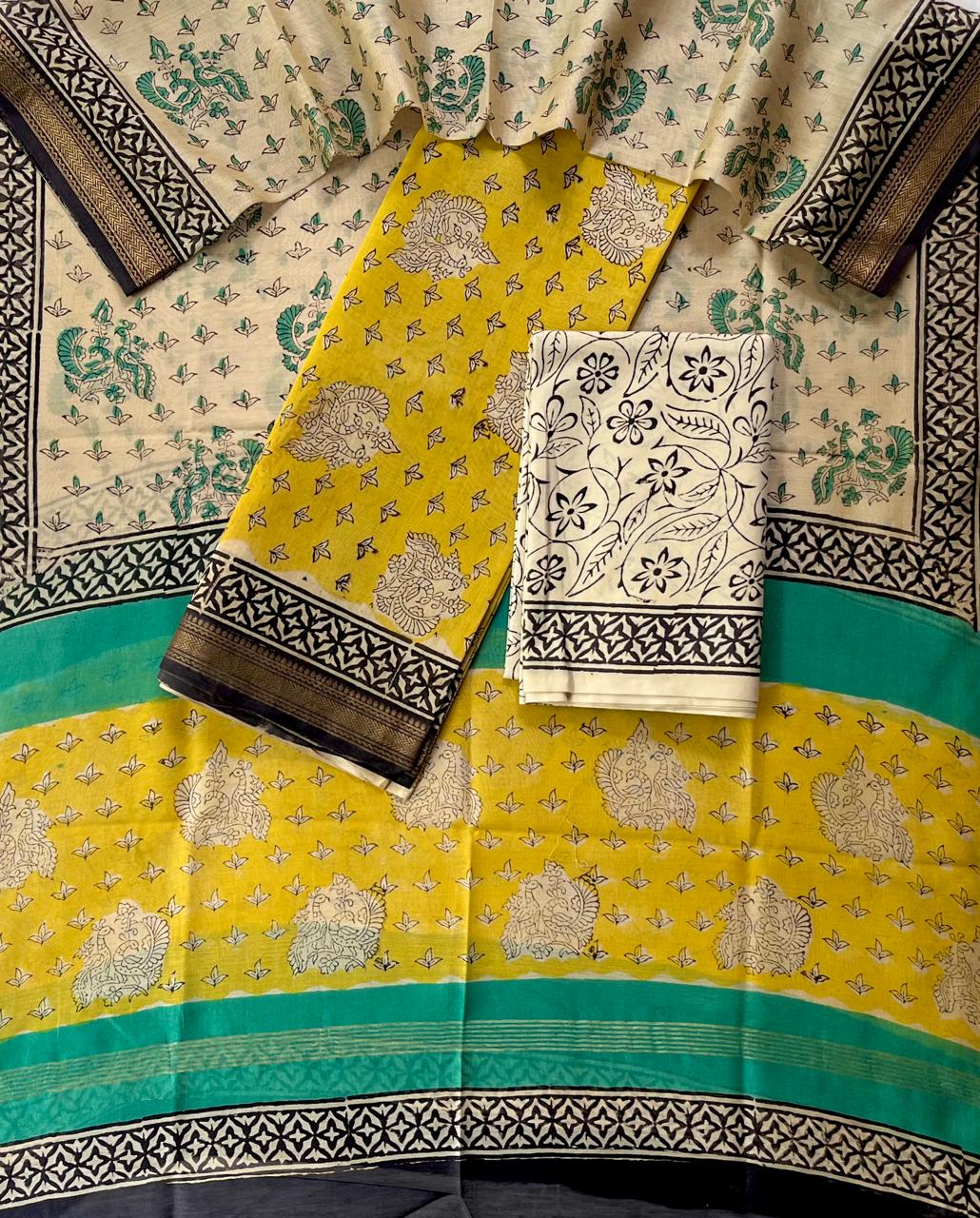 Premium Designer Handblock Printed Maheshwari Silk Suit Set