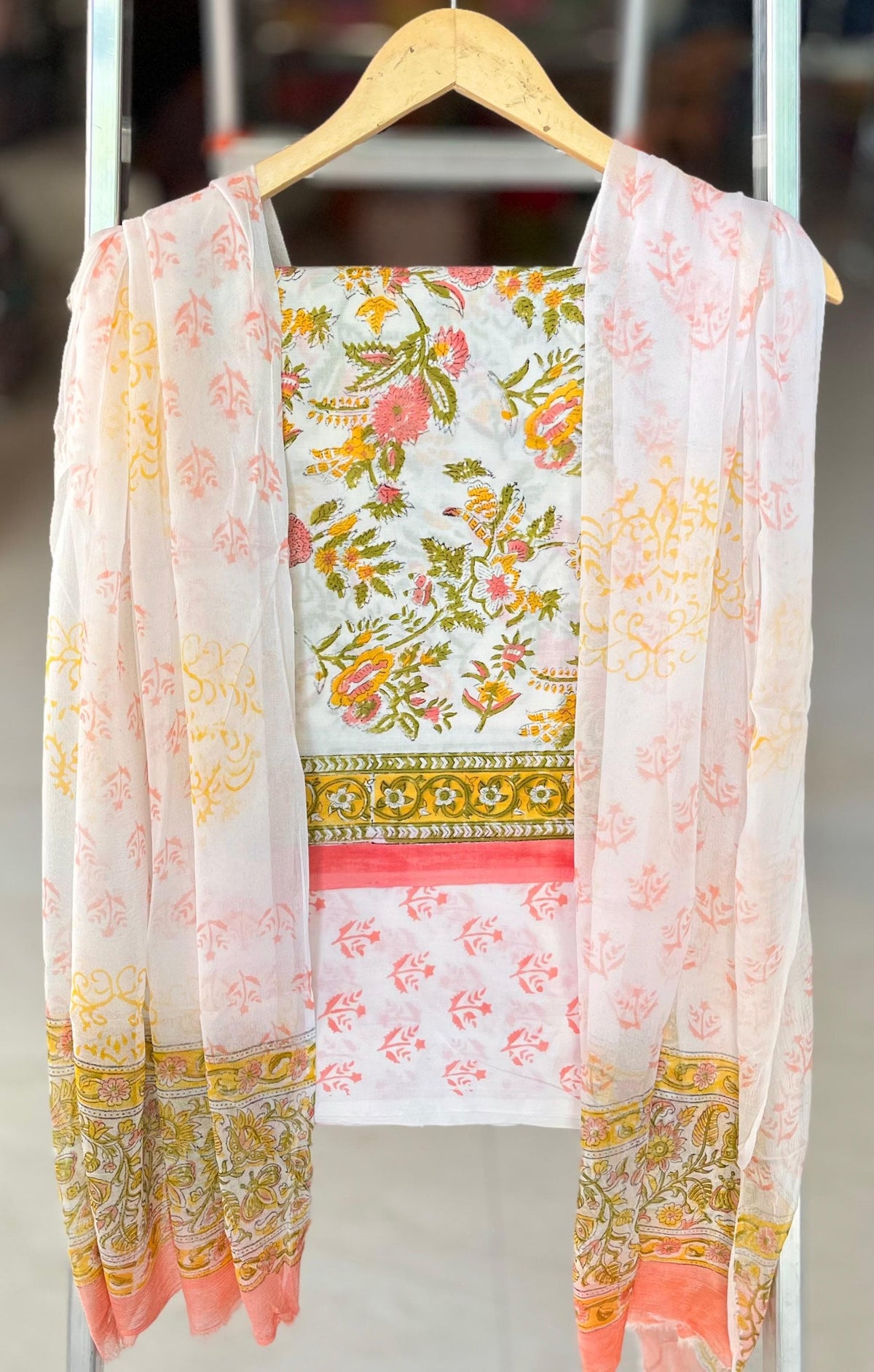 Pure Cotton Hand Block Printed Suit Set With Chiffon Dupatta
