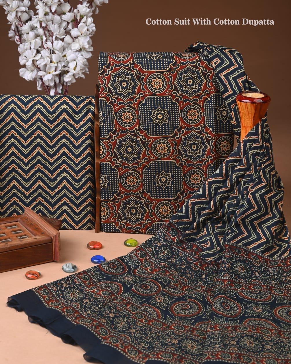 Designer Hand Block Printed Cotton Suit Set With Cotton Dupatta