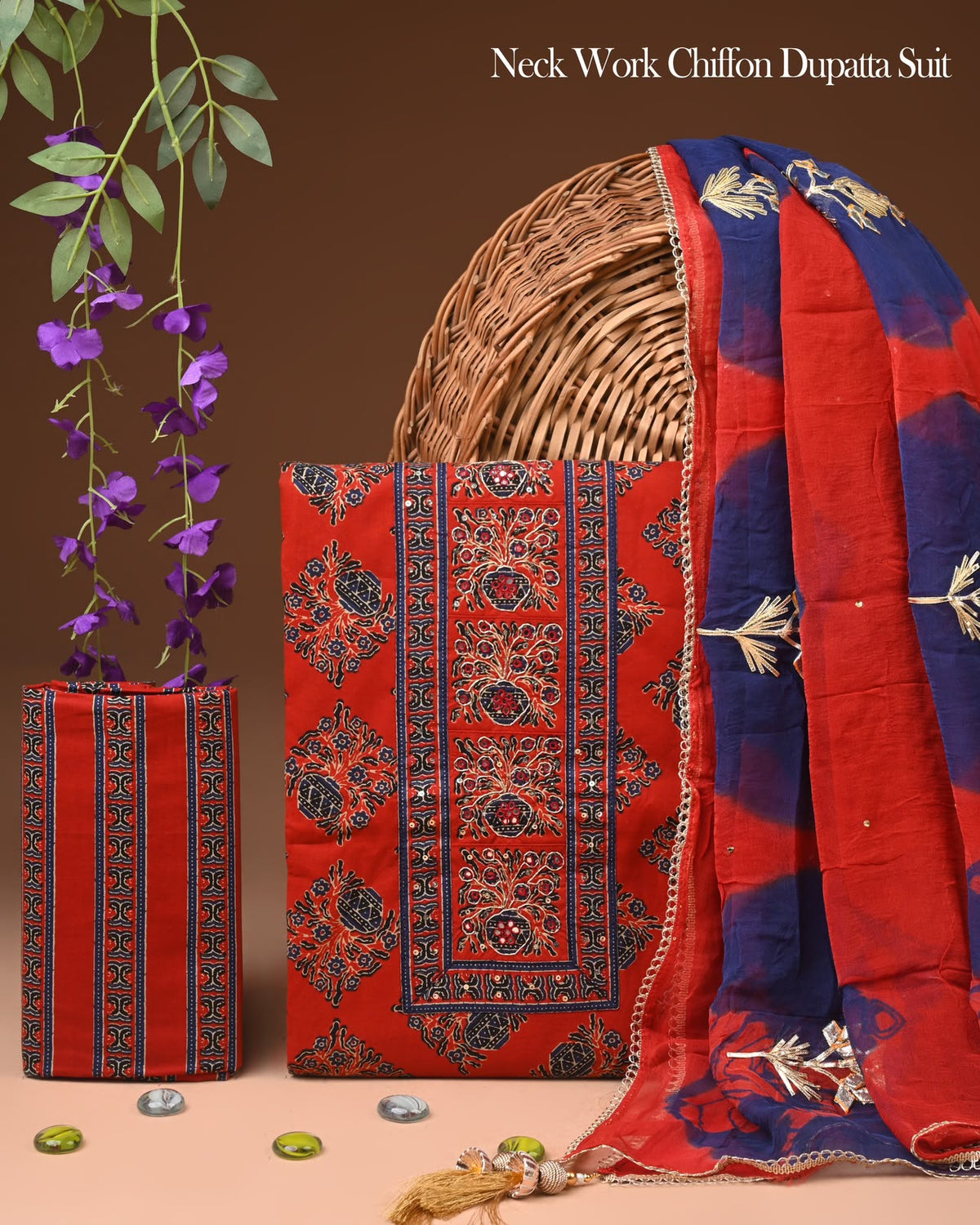 Premium Gota Patti Work Cotton Suit Set With Chiffon Dupatta