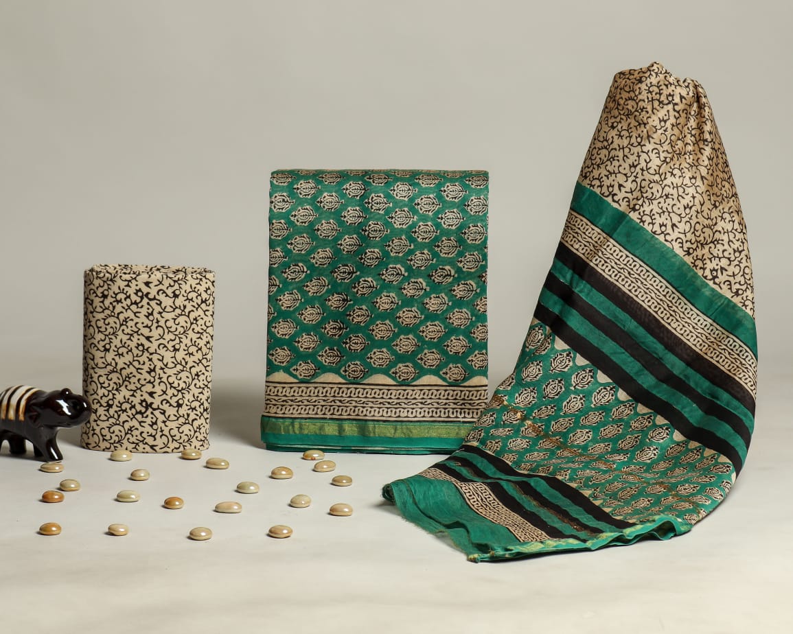 Designer Handblock Printed Chanderi Silk Suit Set